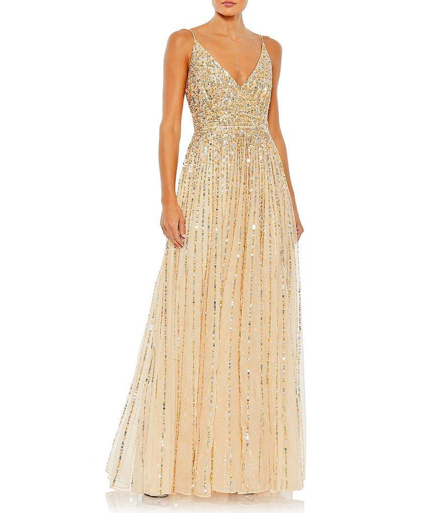 Mac Duggal Sequin Sleeveless Surplice V Neck Wrap Over A-Line Gown Product Image