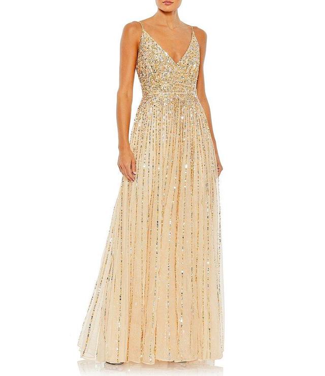 Mac Duggal Sequin Sleeveless Surplice V Neck Wrap Over A-Line Gown Product Image