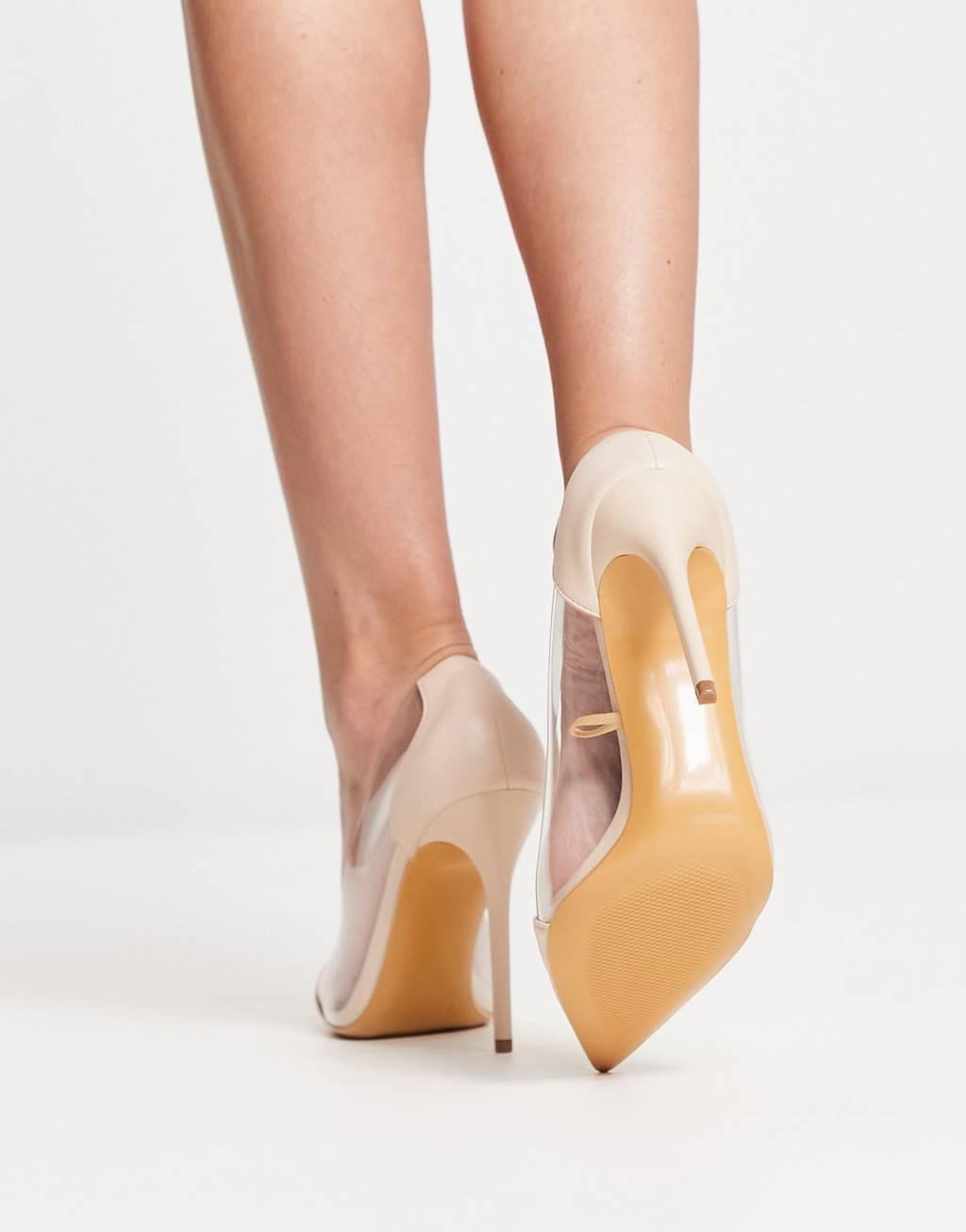 Truffle Collection Wide Fit pointed clear heeled shoes in beige Product Image