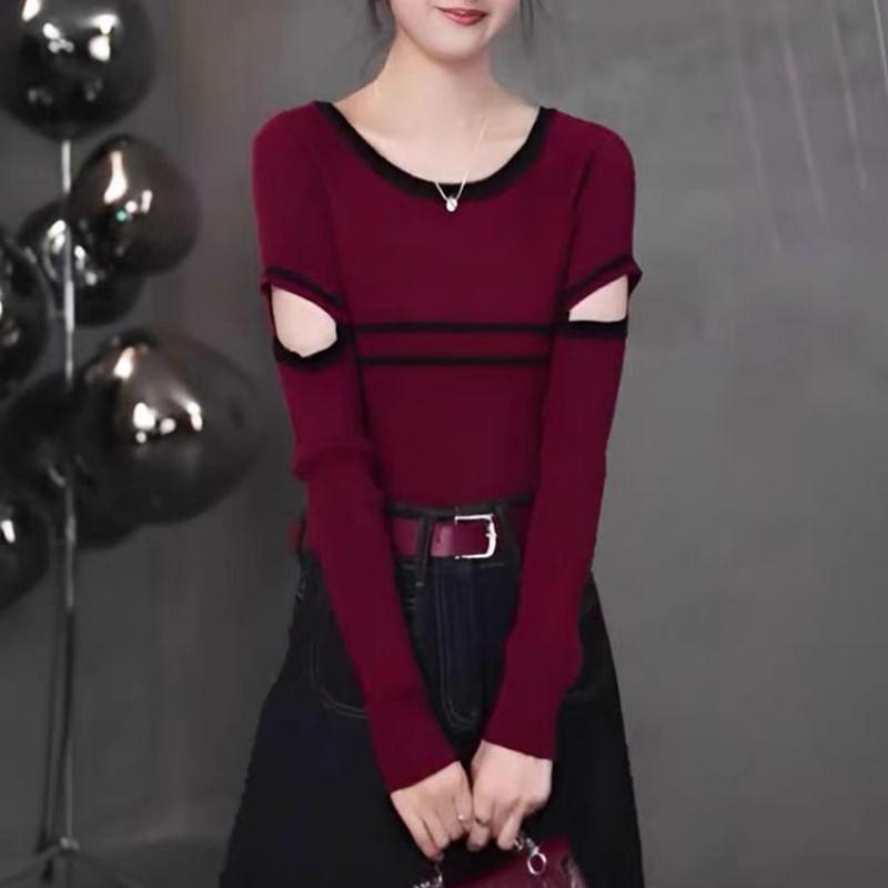 Round Neck Striped Cutout Ribbed Sweater Product Image