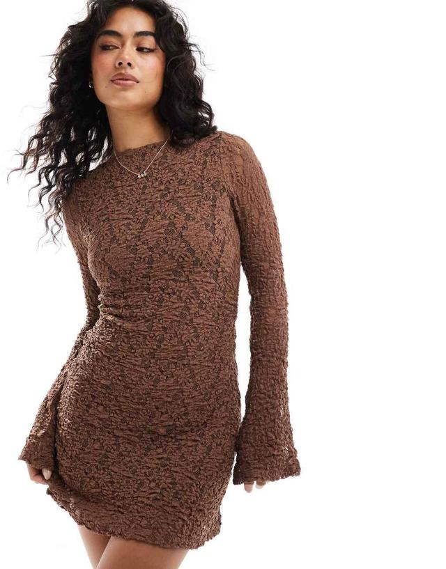 ASOS DESIGN slash neck lace mini dress in brown Product Image