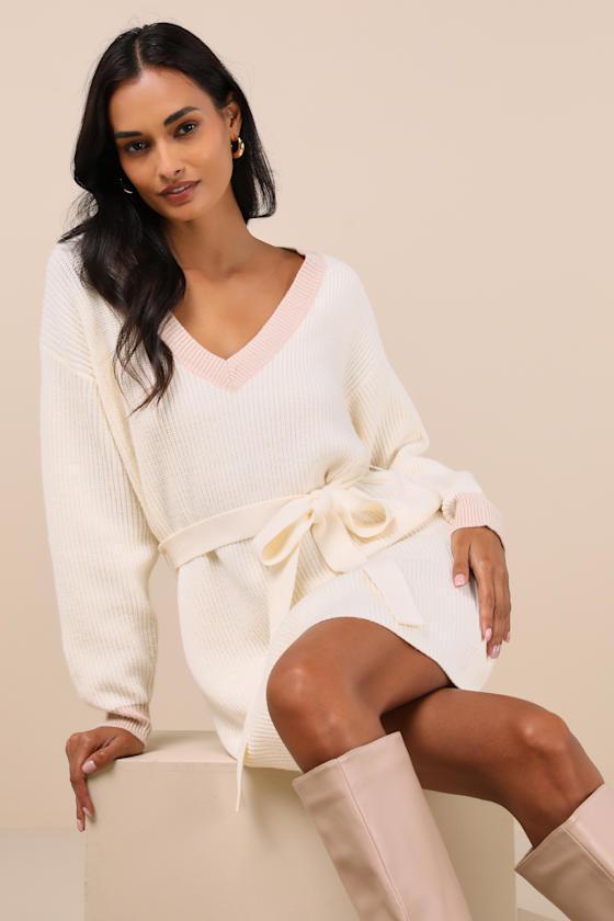 Cuddly Forecast Ivory Long Sleeve Belted Sweater Mini Dress Product Image