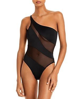 NORMA KAMALI One-shoulder Snake-print Mesh One-piece Swimsuit In Black Product Image