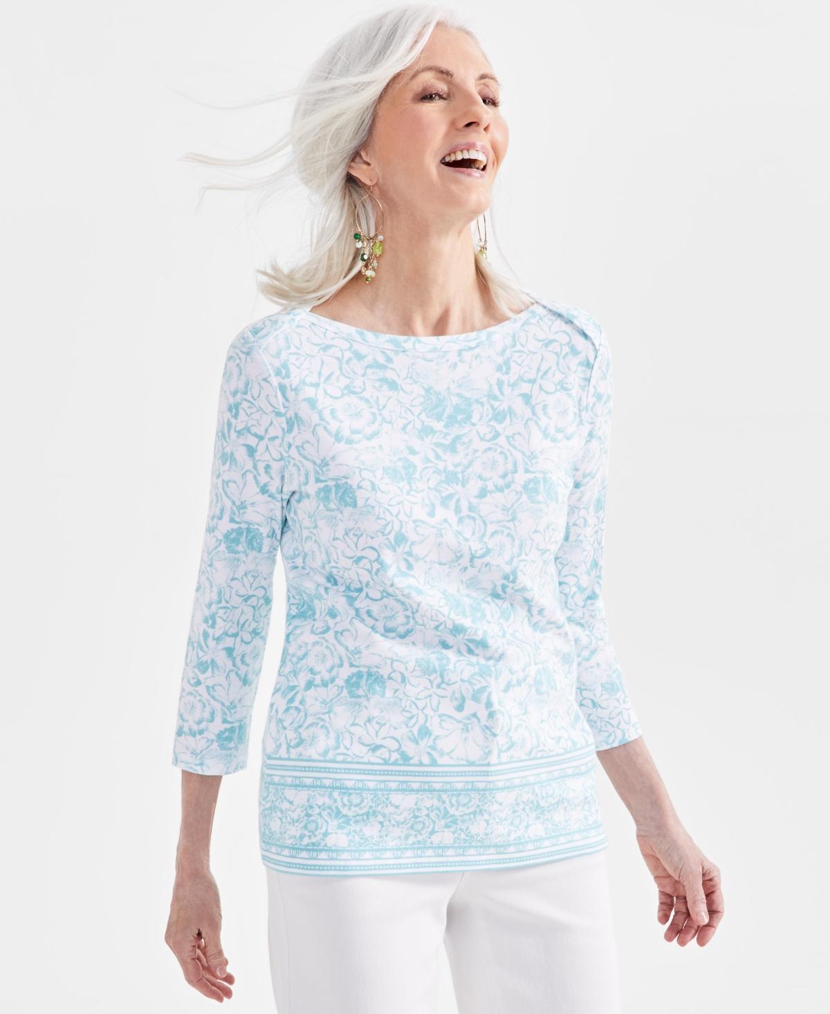 Women's Printed Pima Cotton 3/4 Sleeve Top, Created for Macy's  Product Image