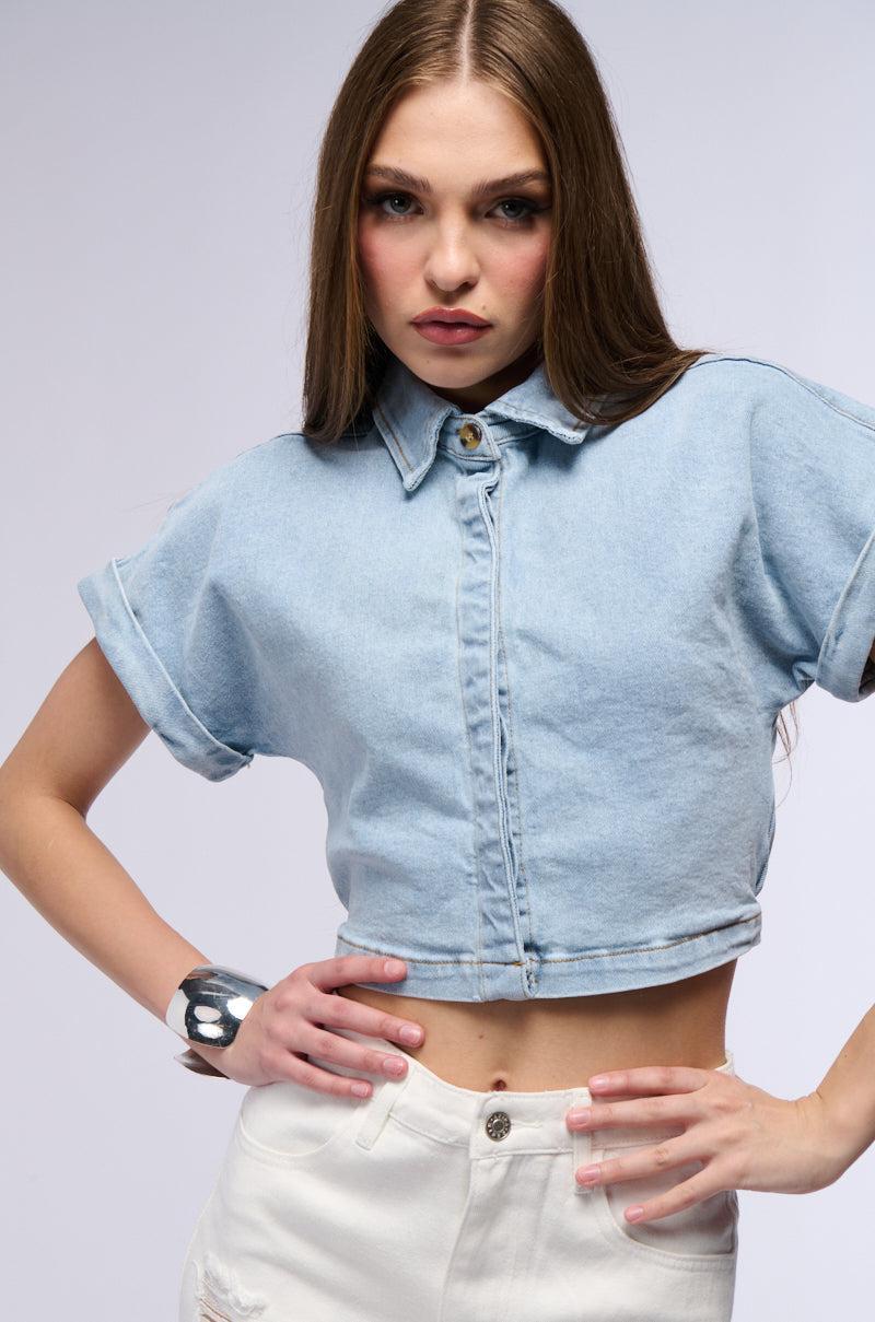 NOT IN THE MOOD CROPPED DENIM SHIRT Product Image