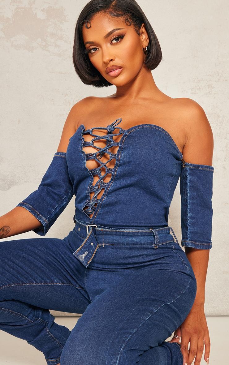 Shape Mid Blue Wash Lace Up Bardot Stretch Denim Jumpsuit Product Image