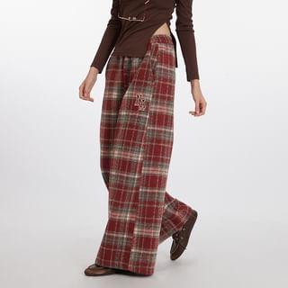 High Waist Lettering Print Plaid Loose-Fit Wide-Leg Pants Product Image