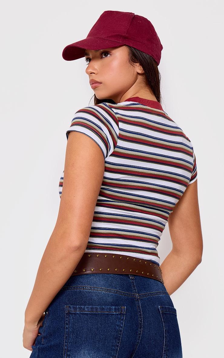  Burgundy Striped Contrast Collar Short Sleeve Top Product Image