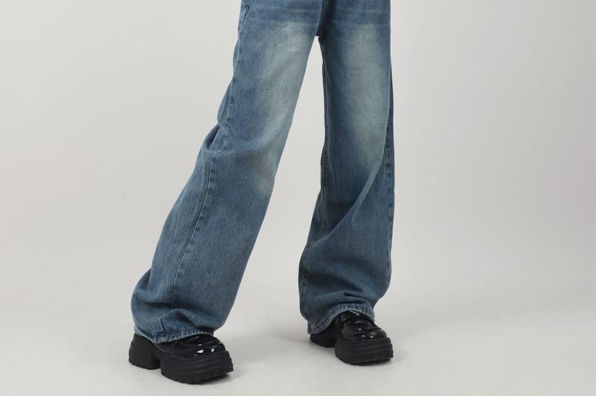 Low Waist Lettering Washed Wide Leg Jeans Product Image