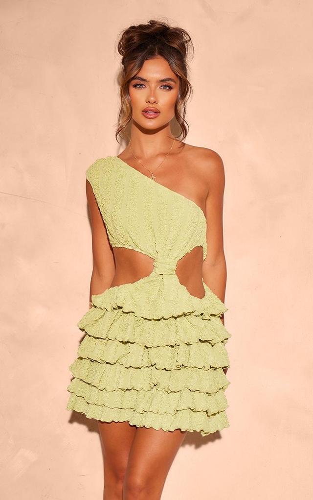 Lime Textured One Shoulder Frill Hem Mini Dress Product Image