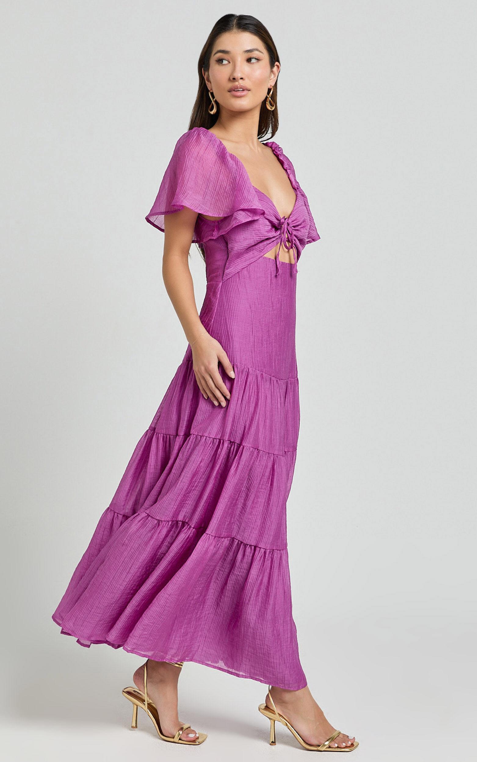 Patricia Midi Dress - Flutter Sleeve Tie Front Tiered Dress in Orchid Product Image