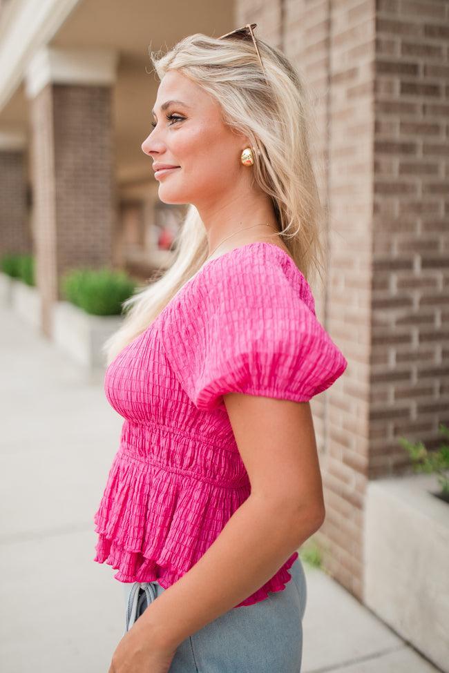 Safe Space Here Hot Pink Smocked Waist Blouse Product Image