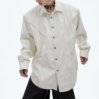 Long Sleeve Collared Plain Oversized Shirt Product Image