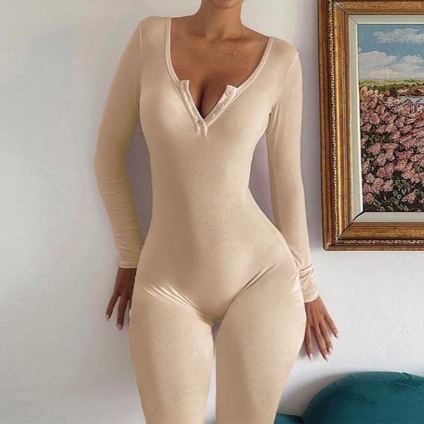 Long-Sleeve Plain Henley Jumpsuit Product Image