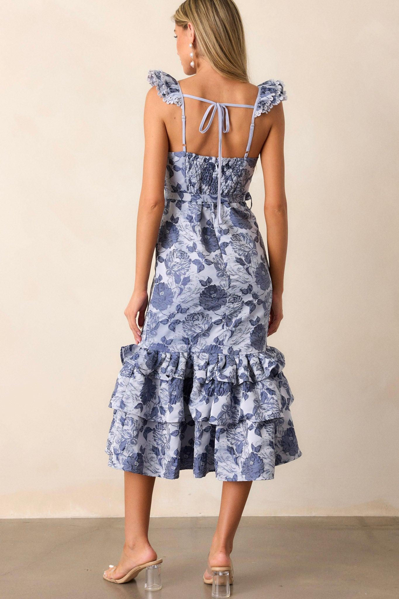 Start All Over Blue Floral Ruffle Midi Dress Product Image