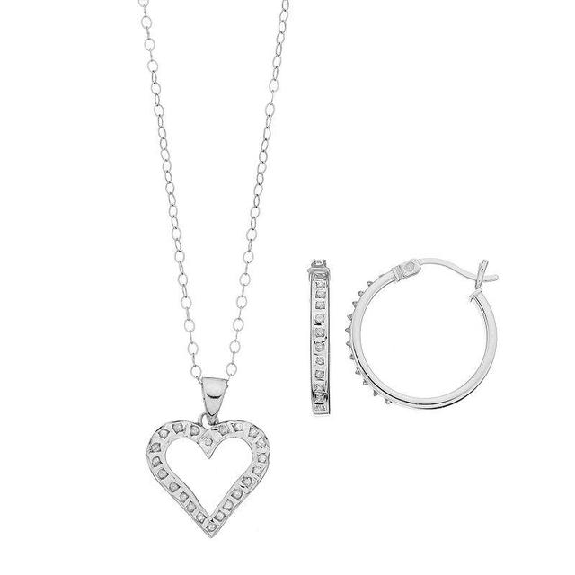 Diamond Mystique Platinum Over Silver Heart Pendant & Hoop Earring Set, Womens Gray Product Image