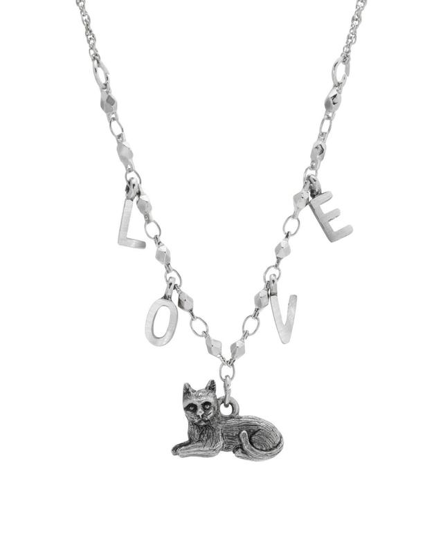 1928 Silver-Tone Cat With Love Initials Necklace, Womens Product Image