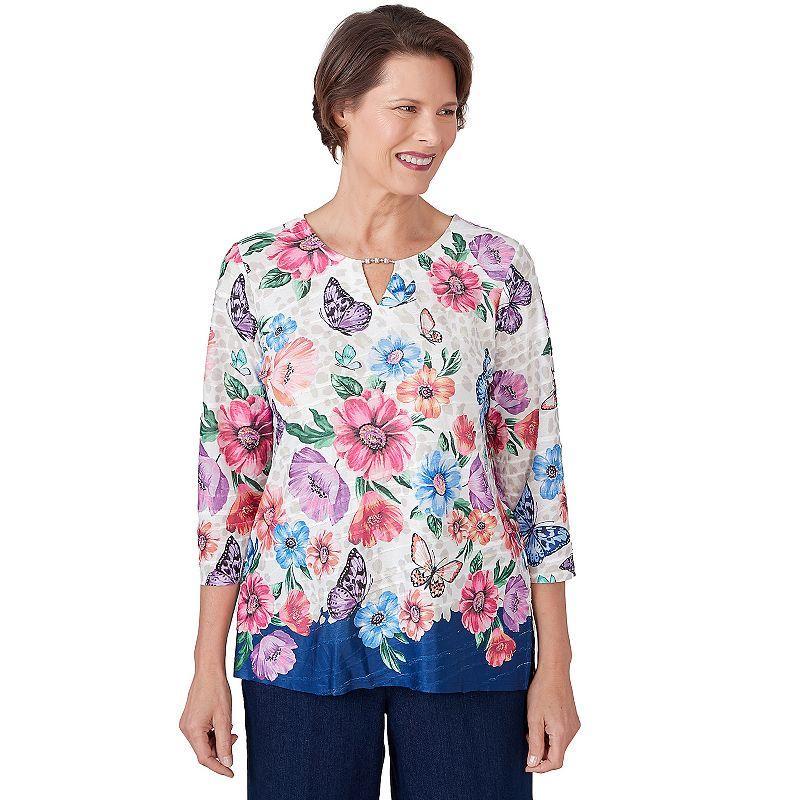 Womens Alfred Dunner Floral Butterfly Border Split Neck Top Product Image