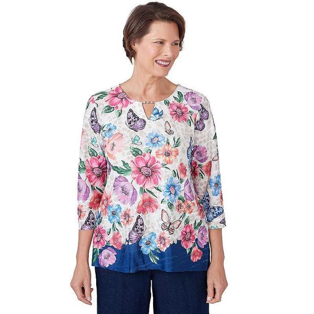 Petite Alfred Dunner Floral Butterfly Border Split Neck Top, Womens Product Image