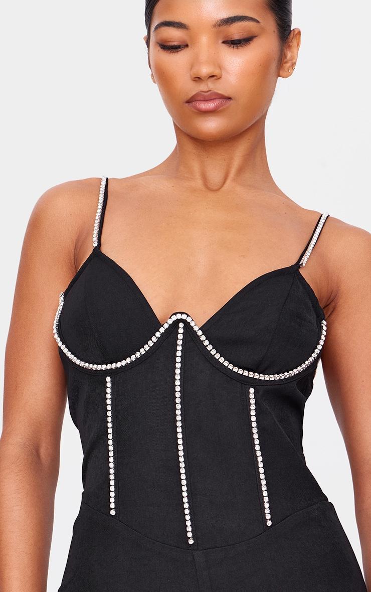 Black Diamante Corset Detail Flared Strappy Jumpsuit Product Image