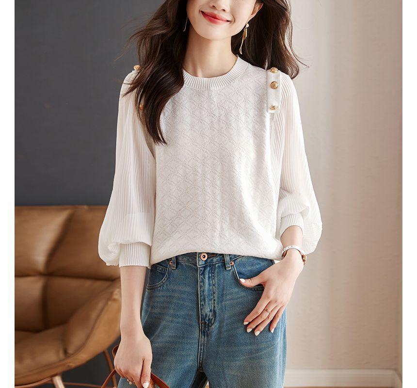 Long-Sleeve Crew Neck Plain Jacquard Mesh Panel Buttoned Blouse Product Image