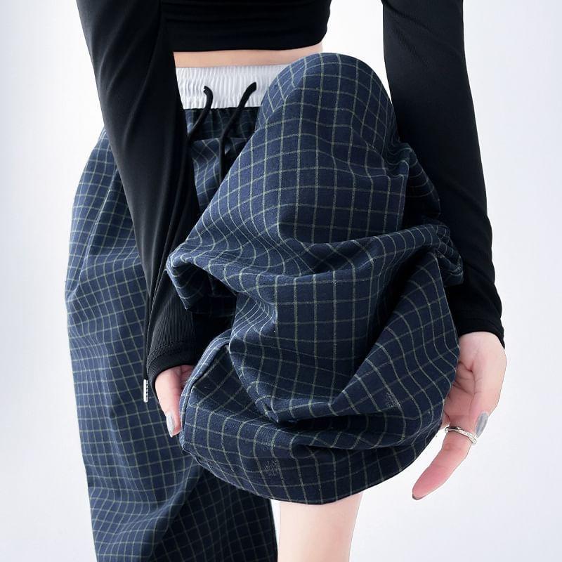 Drawstring Waist Plaid Wide Leg Pants (Various Designs) Product Image