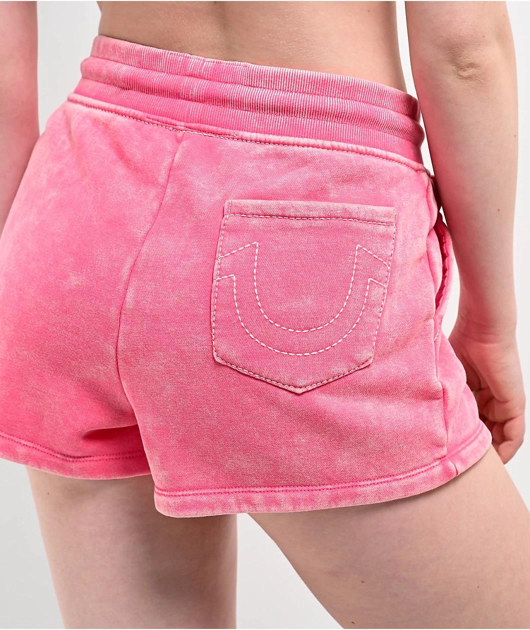 True Religion Acid Wash Big T Hot Pink Sweat Shorts Product Image