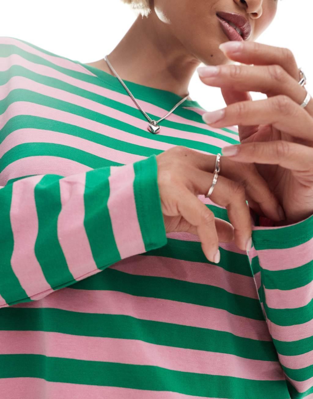 Monki long sleeve top in pink and green stripes Product Image