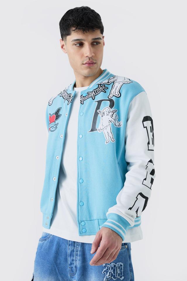 Mens Blue Oversized Limited Jersey Varsity Jacket, Blue Product Image