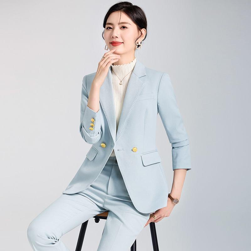 Lapel Collar Plain Double Breasted Blazer / Mid Rise Plain Dress Pants Product Image