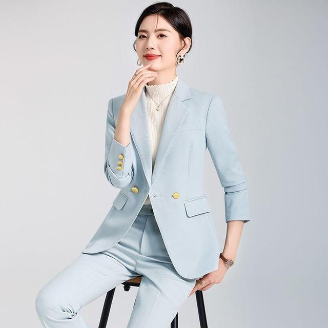 Lapel Collar Plain Double Breasted Blazer / Mid Rise Plain Dress Pants Product Image