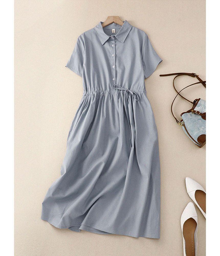 Short-Sleeve Collared Plain Midi A-Line Dress Product Image