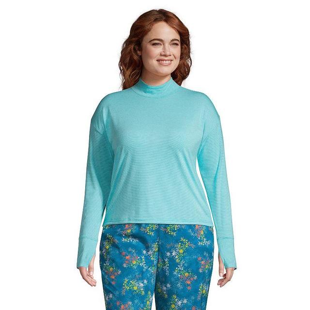 Plus Size Lands End Performance Mockneck Tee, Womens Blue Pinstripe Product Image