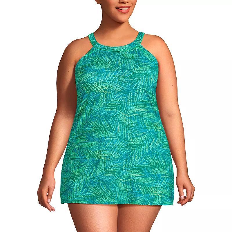 Plus Size Lands End UPF 50 High Neck One-Piece Swim Dress, Womens Green Stipple Palm Product Image