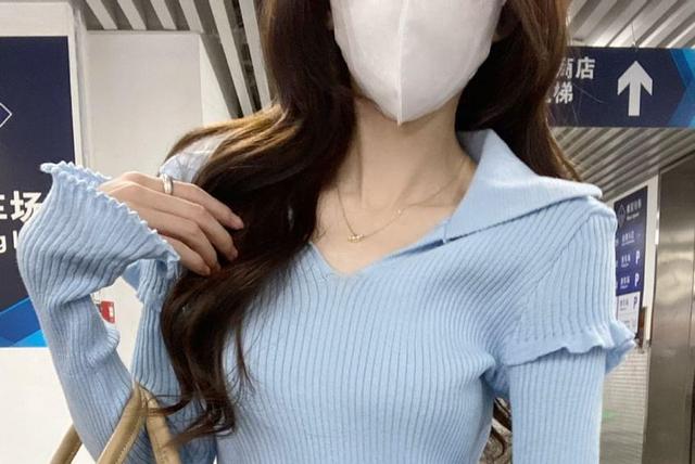 Long-Sleeve Collar V-Neck Plain Ribbed Knit Top Product Image