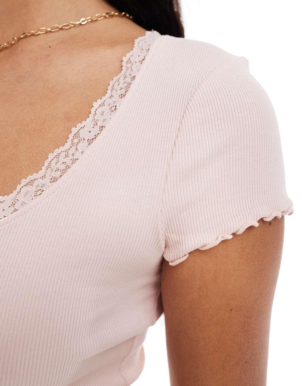 Miss Selfridge short sleeve pointelle scoop neck tee with lace trim detail in light pink Product Image