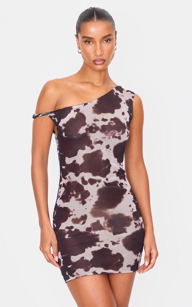 Brown Cow Print Mesh Asymmetric Bodycon Dress Product Image