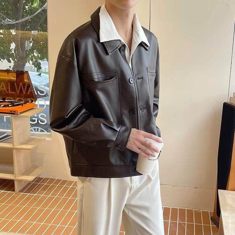 Collared Faux Leather Button-Up Jacket Product Image