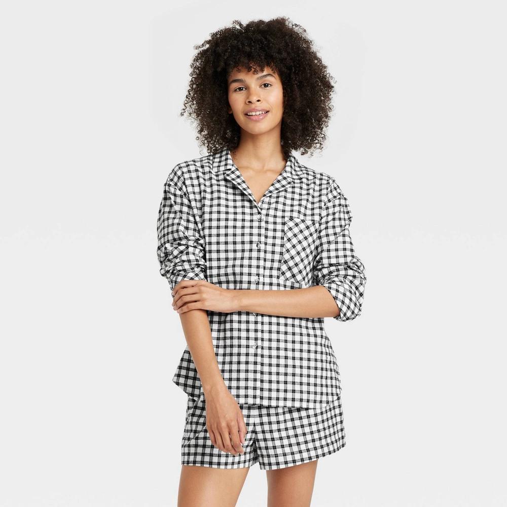 Womens Check Flannel Long Sleeve Top and Shorts Pajama Set - Auden Black/White Product Image