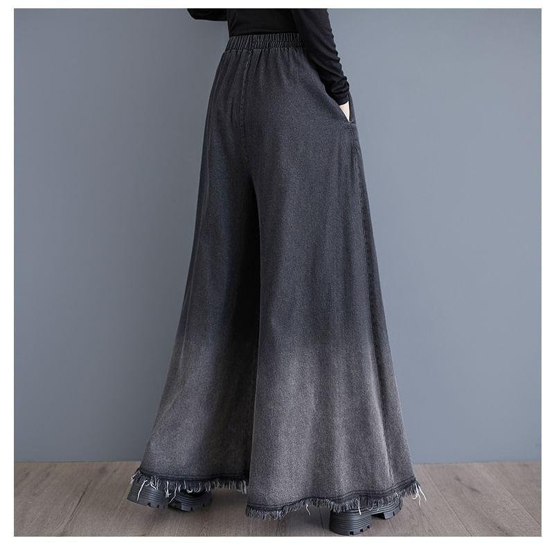 Elastic Waist Gradient Washed Frayed Wide Leg Jeans Product Image