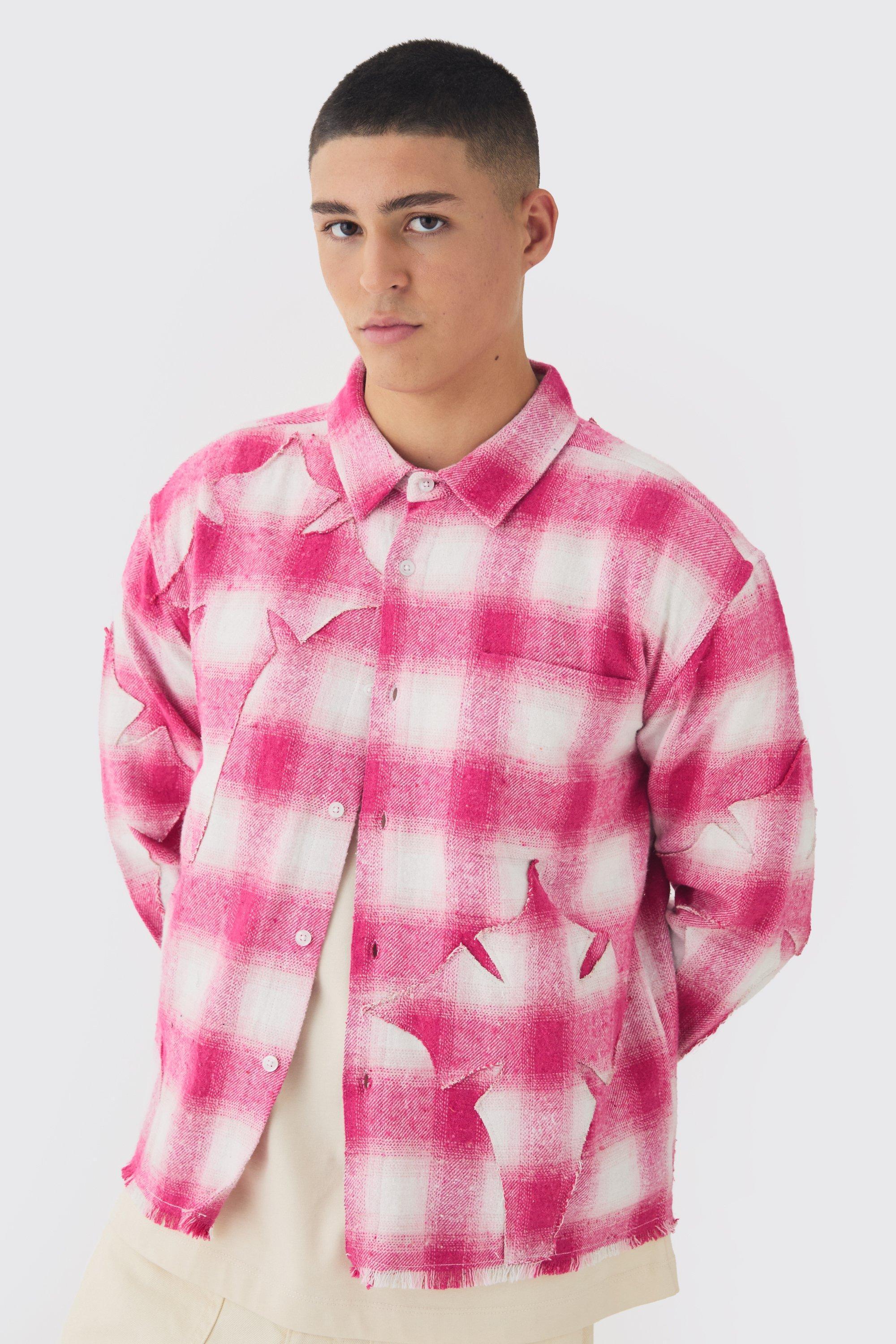 Mens Pink Oversized Boxy Cross Applique Check Shirt, Pink Product Image