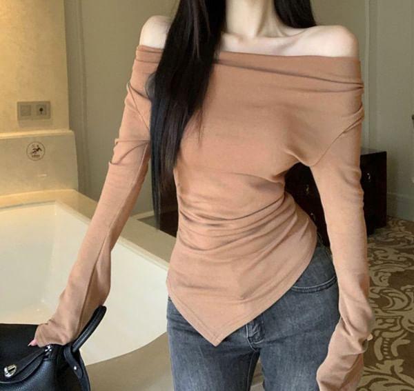 Long-Sleeve Off-Shoulder Asymmetrical T-Shirt Product Image