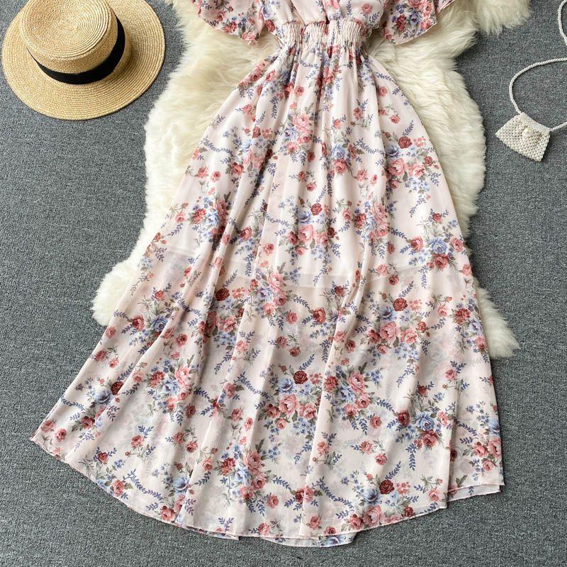 Short-Sleeve V-Neck Floral Midi A-Line Dress Product Image