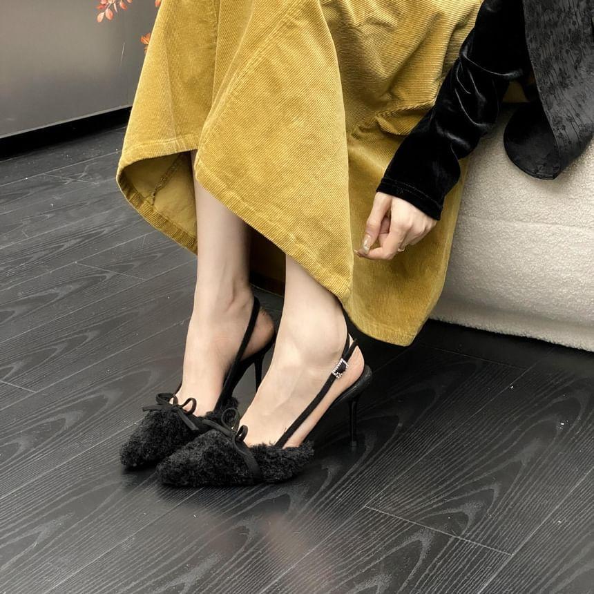 Stiletto Pointed Toe Plain Bow Accent Fleece Slingback Sandals Product Image