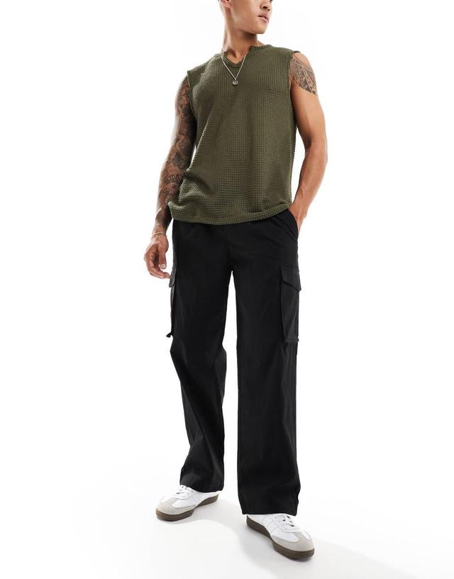 Jack & Jones bill drawstring wide fit tech cargo pants in black Product Image