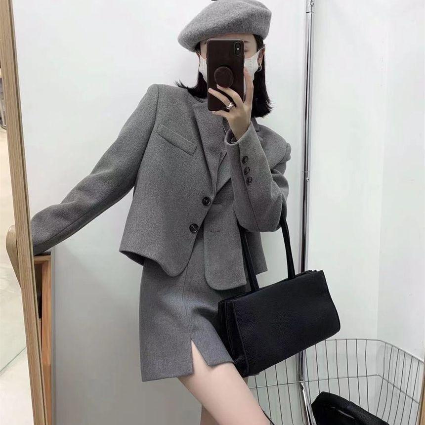 Single Breasted Woolen Coat / High Rise A-Line Mini Skirt Product Image