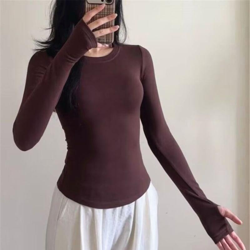 Long-Sleeve Round Neck Plain Slim Fit Tee Product Image