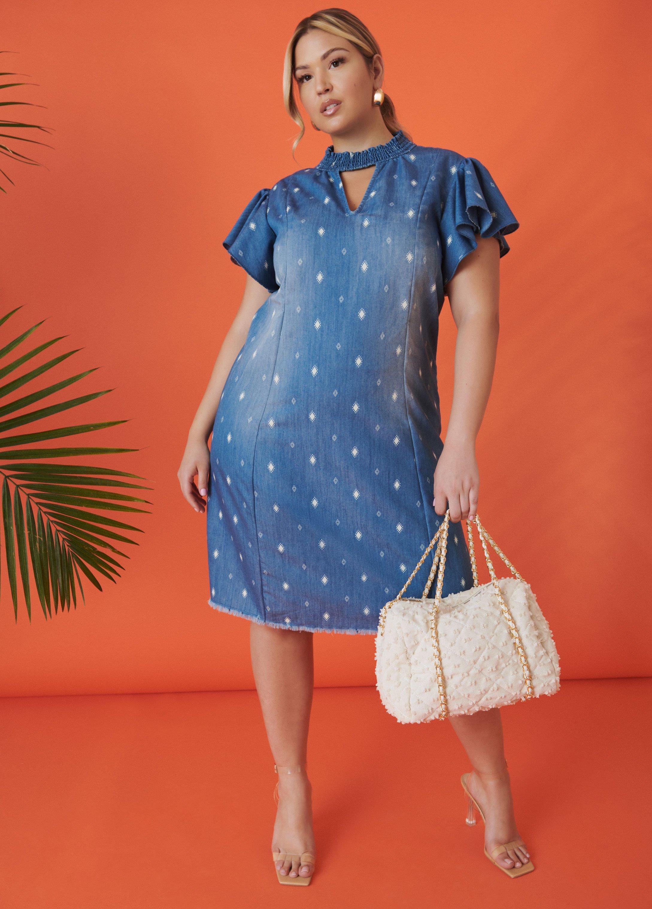 Plus Size Diamond Print Chambray Dress Ashley Stewart product image