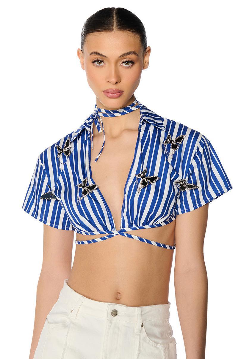 LENI STRIPED EMBELLISHED TIE FRONT BLOUSE Product Image