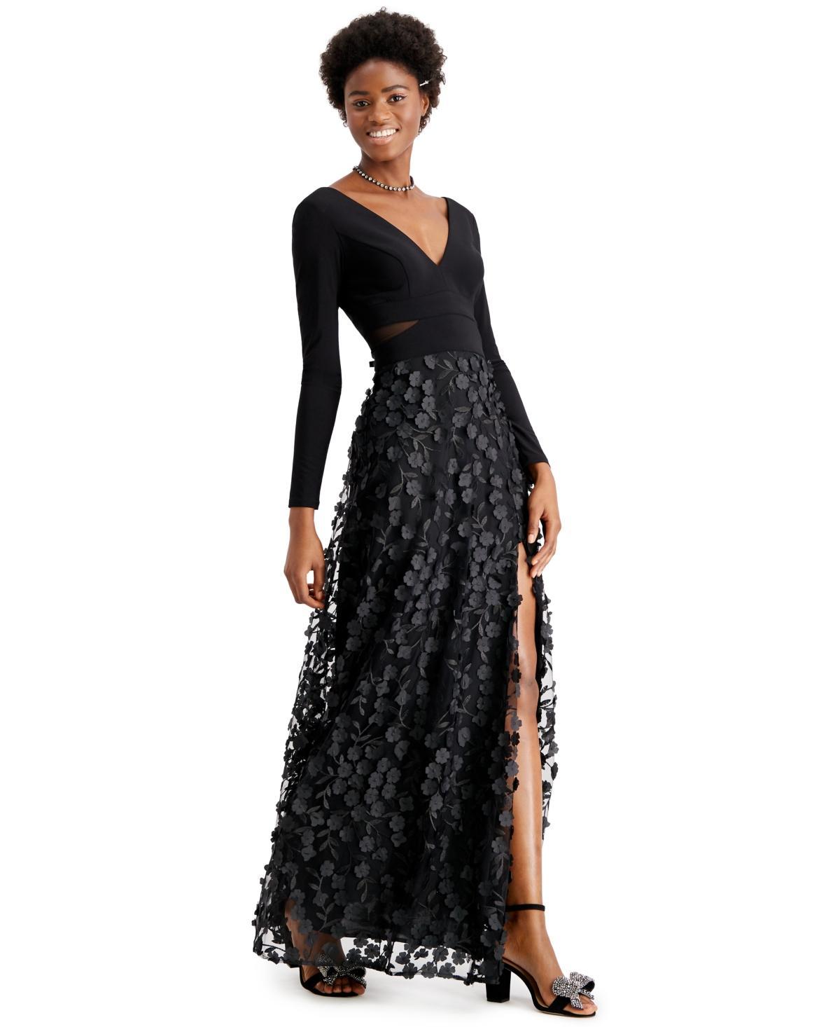 XSCAPE Long Sleeve Ity Top with Raised Flower Skirt Black) Women's Evening Product Image